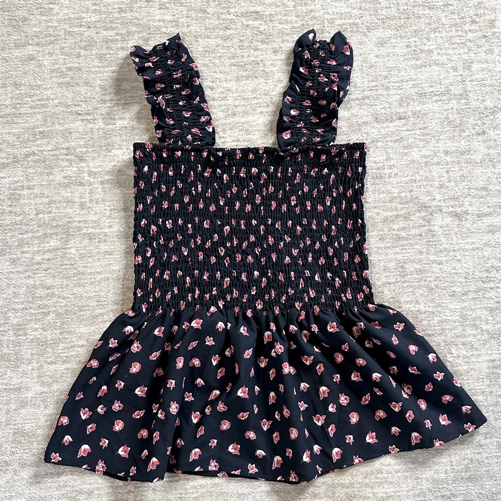 Navy Floral Smocked Peplum Gathered Strap Tank